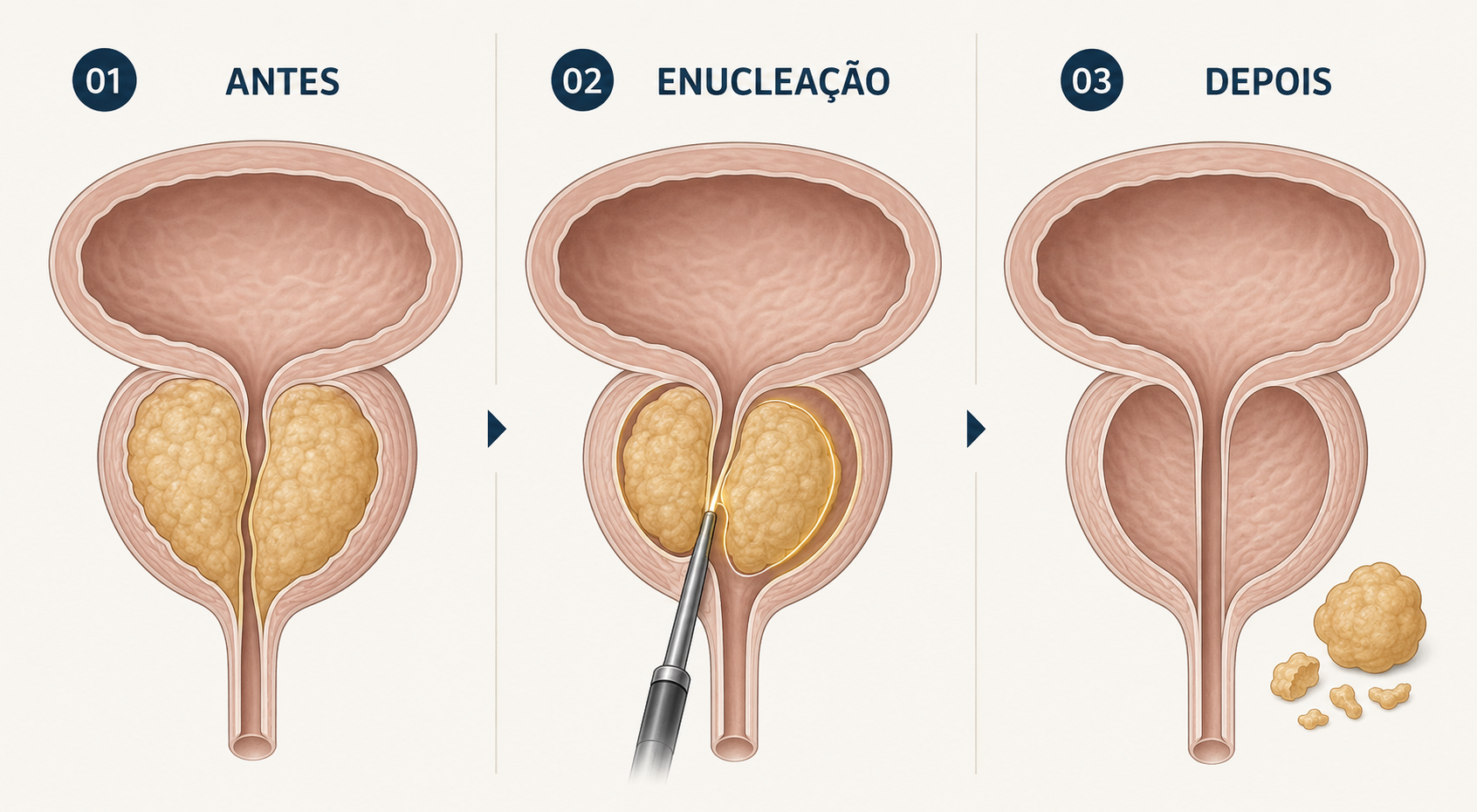 Ilustração educativa em três etapas mostrando a próstata aumentada antes do HoLEP, a enucleação endoscópica com laser e o canal urinário desobstruído depois do procedimento