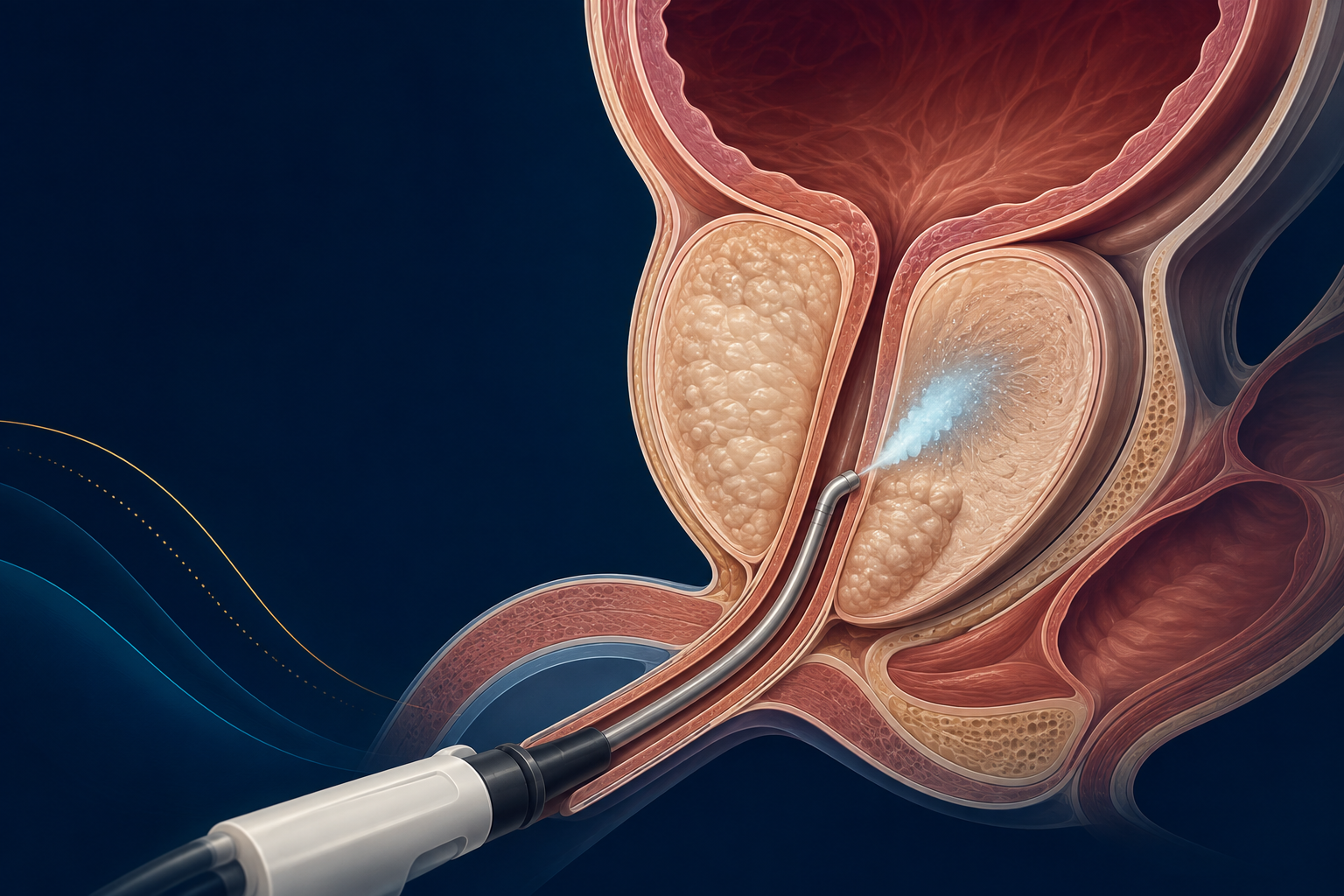 Ilustração anatômica do dispositivo do Rezūm liberando vapor de água no tecido da próstata aumentada